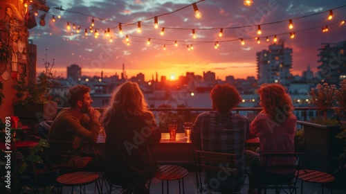 Group of young, stylish friends gather on an urban rooftop, surrounded by lights, enjoying a sunset together. The scene conveys warmth, friendship, and relaxation in a city setting. © AS Photo Family
