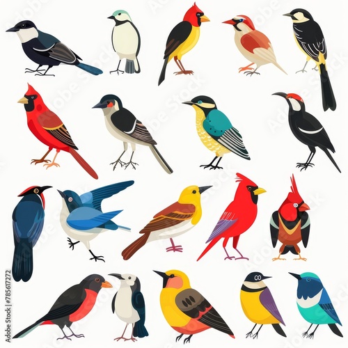 Birds Flat Icon, Birding Species Set Isolated, Exotic Bird Collection on White Background