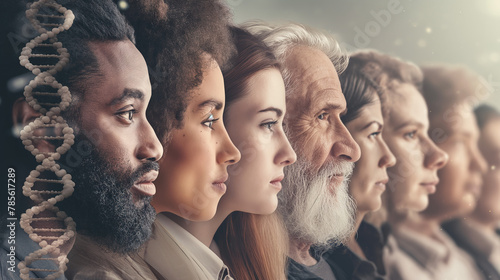 A diverse group of people, including young and old men and women with different skin tones and hair textures, standing side by side against the backdrop of DNA strands. unity among various ages, race