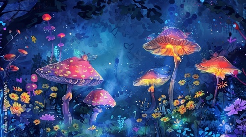 whimsical fairy garden with glowing mushrooms enchanted flowers and tiny creatures surreal watercolor illustration