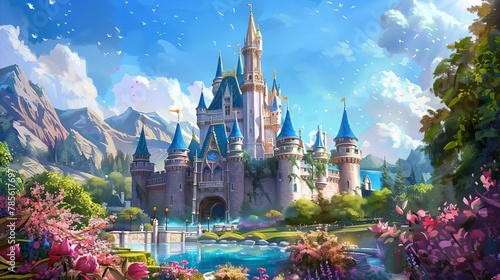 whimsical fairy tale castle with towering turrets and lush gardens storybook digital painting photo