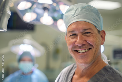 Portrait of cheerful surgeon in blue scrubs and surgical cap standing in operating room with medical equipment and operating lights in background