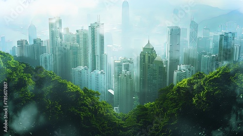 Double exposure city landscape with green summer forest overlay