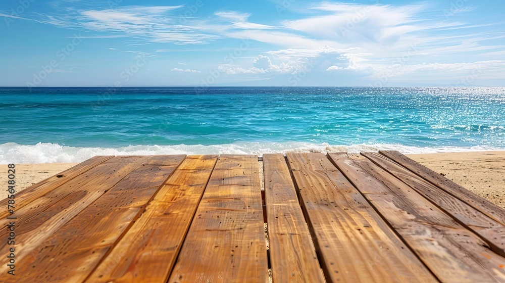 Fototapeta premium wooden table on beach with ocean water next to it tropical vacation and relaxation concept travel photography