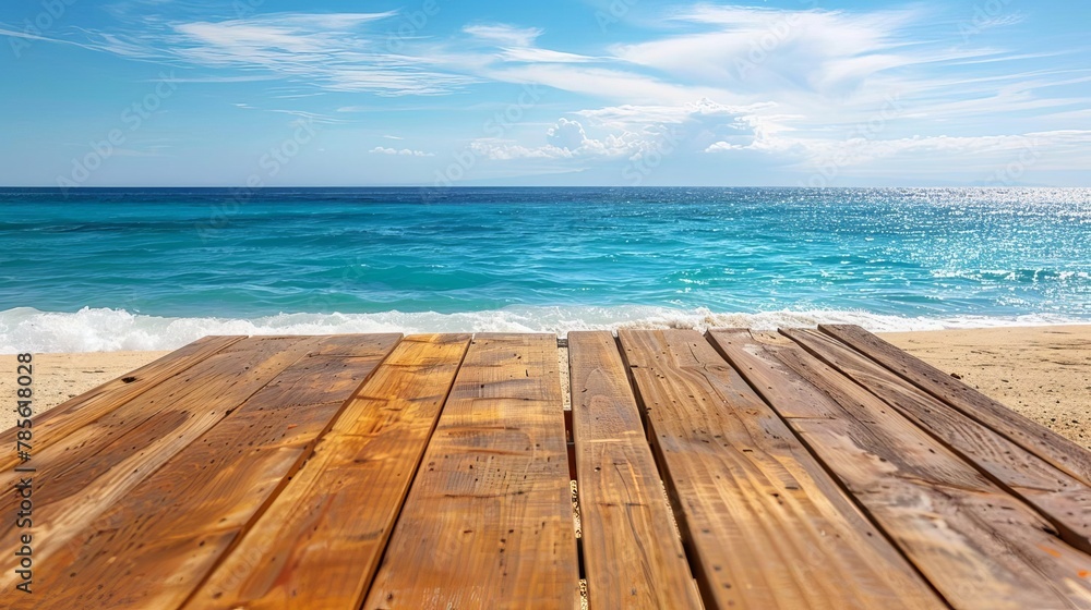 wooden table on beach with ocean water next to it tropical vacation and relaxation concept travel photography