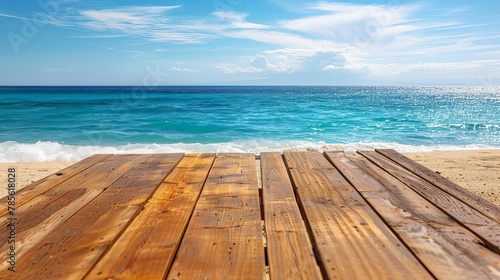 wooden table on beach with ocean water next to it tropical vacation and relaxation concept travel photography