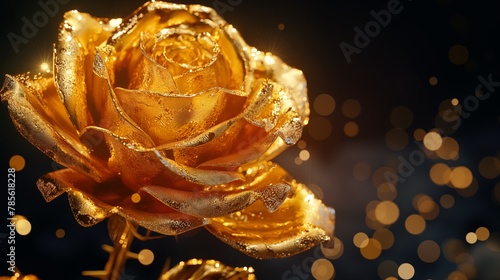 Golden rose with water droplets, and goldish sparkling dust on a bud, macro, flower close-up photo