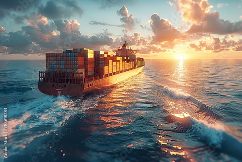 ultra realistic close-up image of a huge cargo ship where containers are visible on the ship photo