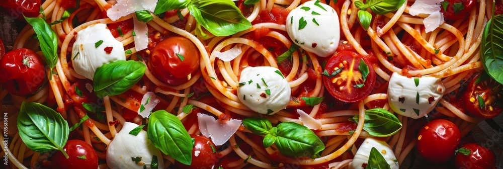 Spaghetti with Milk Mozzarella and Tomato Sauce. Traditional Pasta, Fresh Basil, Parsley, Garlic, Parmesan
