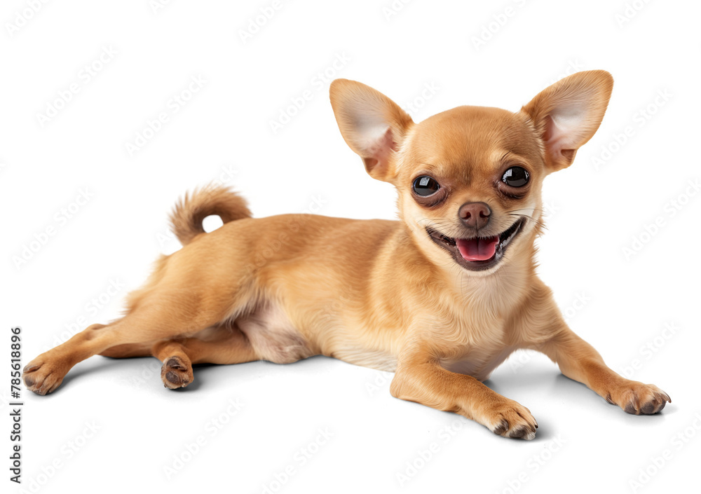 Happy smiling chihuahua laying on the floor, isolated background