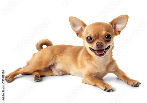 Happy smiling chihuahua laying on the floor, isolated background