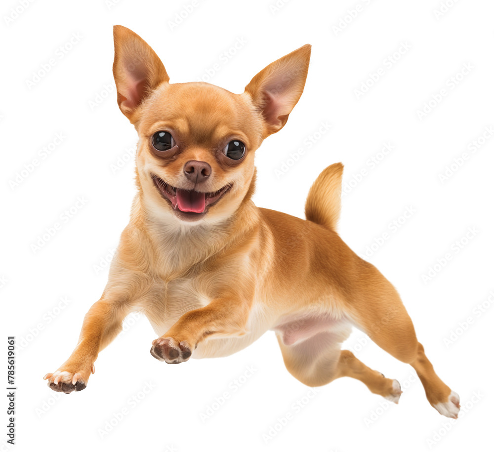 Happy excited chihuahua jumping in the air on isolated background