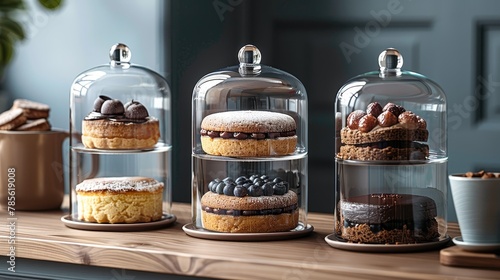   A wooden table holds various cakes, some under glass domes covered with cloches, and a steaming cup of coffee photo