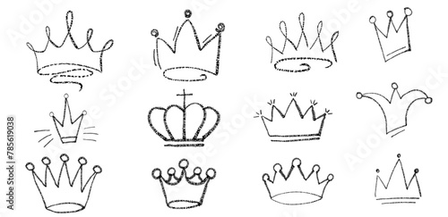 Set of crown in brush stroke texture paint style. Hand drawn vector illustration