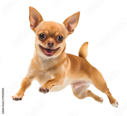 Happy excited chihuahua jumping in the air on isolated background