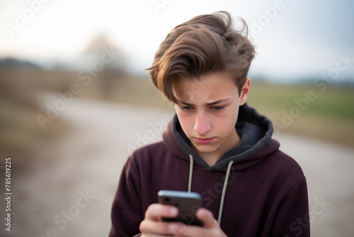 Boy looking concerned while using his phone in the park