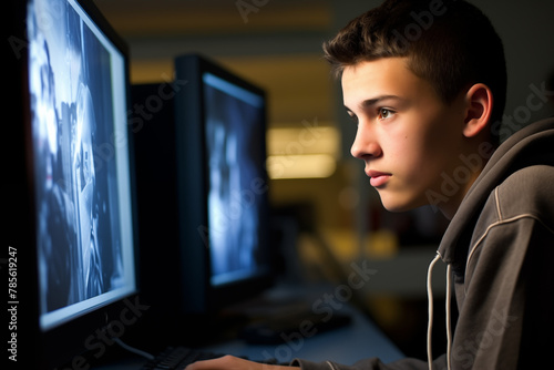 Boy staring at computer screen for school.