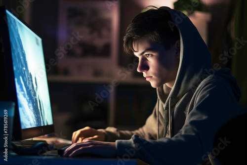 Young man playing on his computer in the dark.