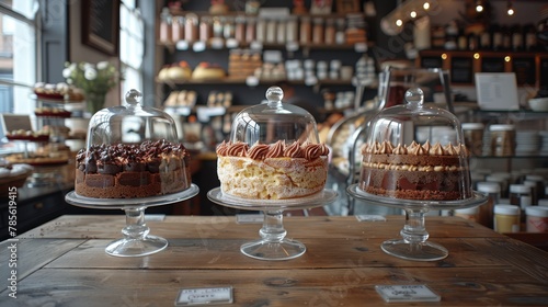   A few cakes atop a wooden table  before a glass case brimming with desserts