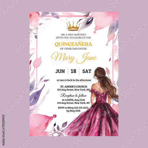 Pink Floral Gold Quinceañera Invitation