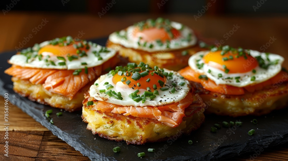  eggs and cooked salmon atop assorted dishes