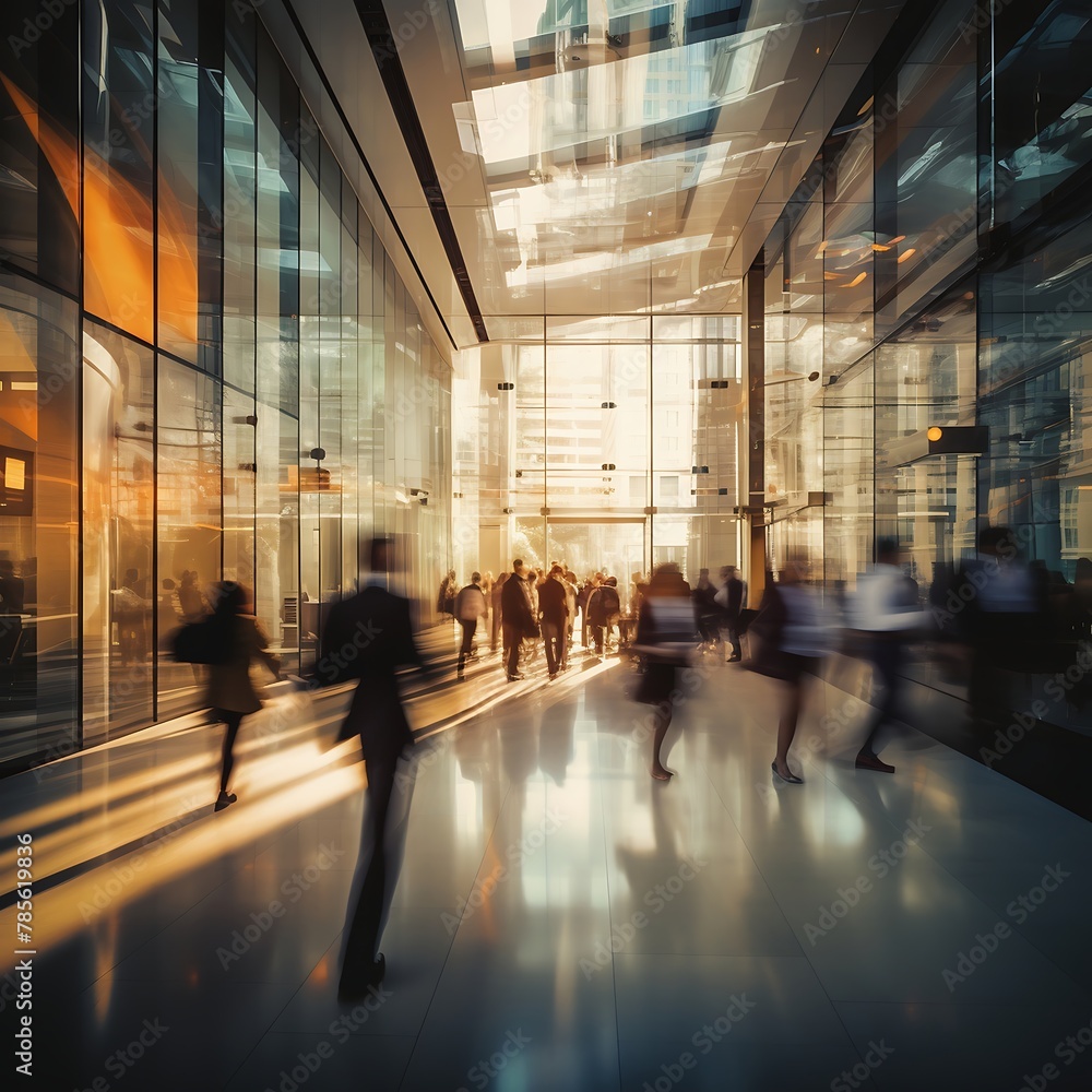 Long exposure shot of crowd of business people walking in the lobby of a modern office building