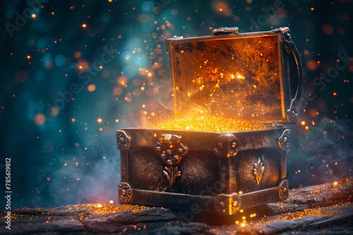An antique chest overflowing with radiant golden light  conjuring a mystical and magical atmosphere.