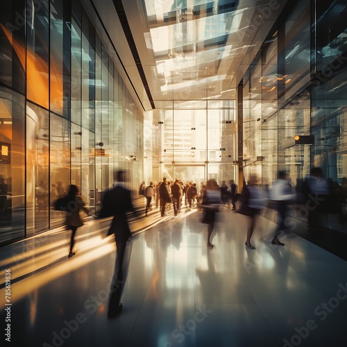 Long exposure shot of crowd of business people walking in the lobby of a modern office building