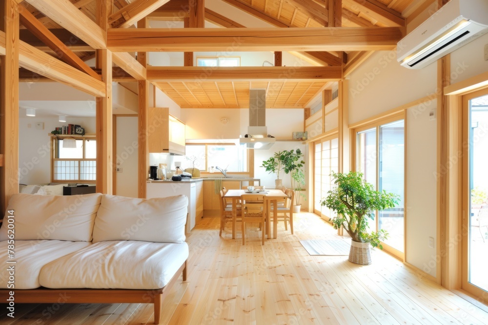 A photo of the interior space of a bright and clean wooden house with a simple Japanese style and white walls Generative AI