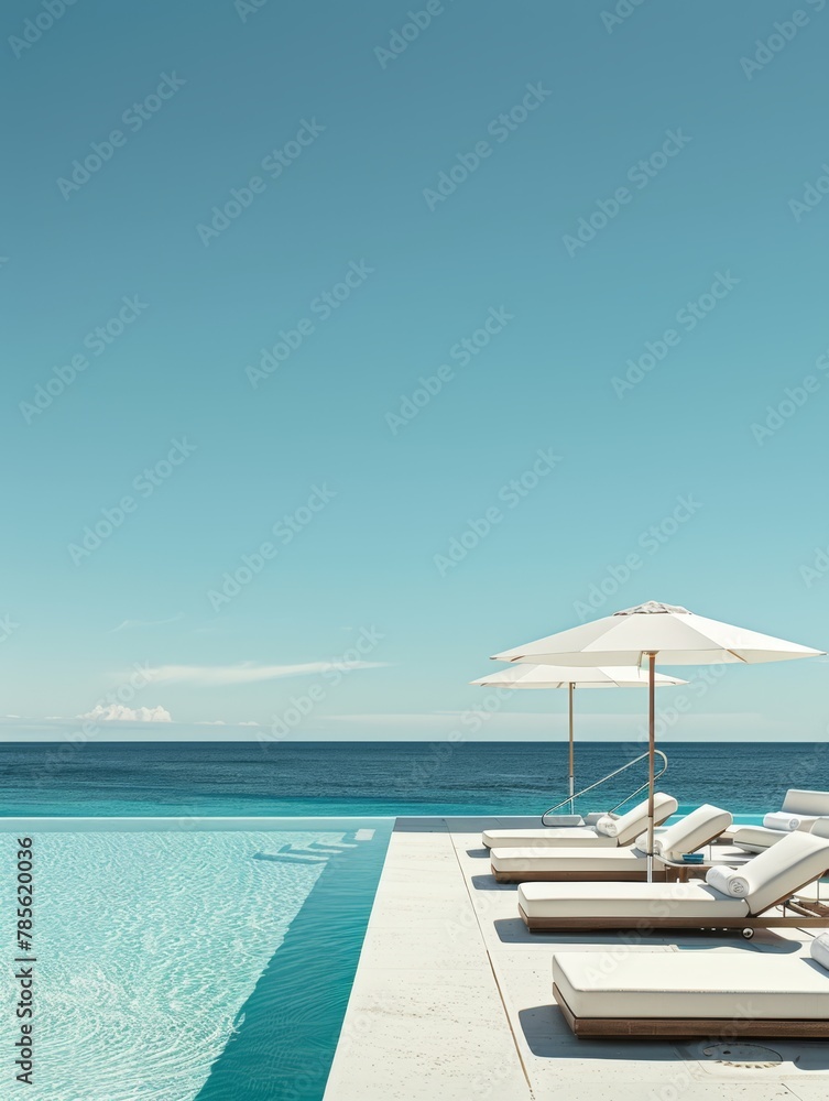 Obraz premium the elegance of a luxury beach club, featuring a pristine swimming pool and lounge chairs against a backdrop of azure ocean, white sand, and clear blue sky 