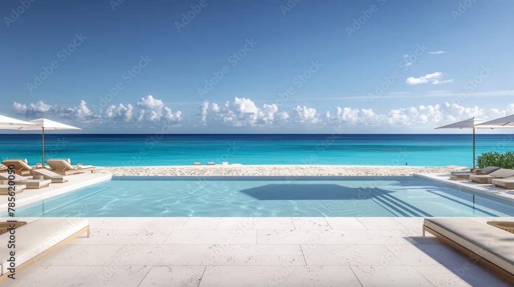 the elegance of a luxury beach club, featuring a pristine swimming pool and lounge chairs against a backdrop of azure ocean, white sand, and clear blue sky
