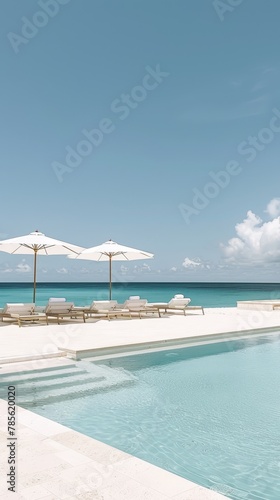 the elegance of a luxury beach club, featuring a pristine swimming pool and lounge chairs against a backdrop of azure ocean, white sand, and clear blue sky  © cristian
