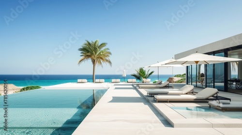 the elegance of a luxury beach club, featuring a pristine swimming pool and lounge chairs against a backdrop of azure ocean, white sand, and clear blue sky  © cristian