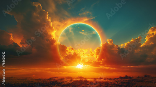  The scene should feature a bright sun surrounded by wispy clouds, with a vibrant rainbow-colored 'sun dog' appearing on one or both sides of the sun.