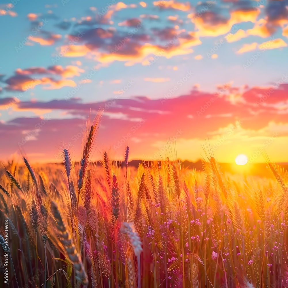 Golden Horizon: Captivating Sunset Over Wheat Fields