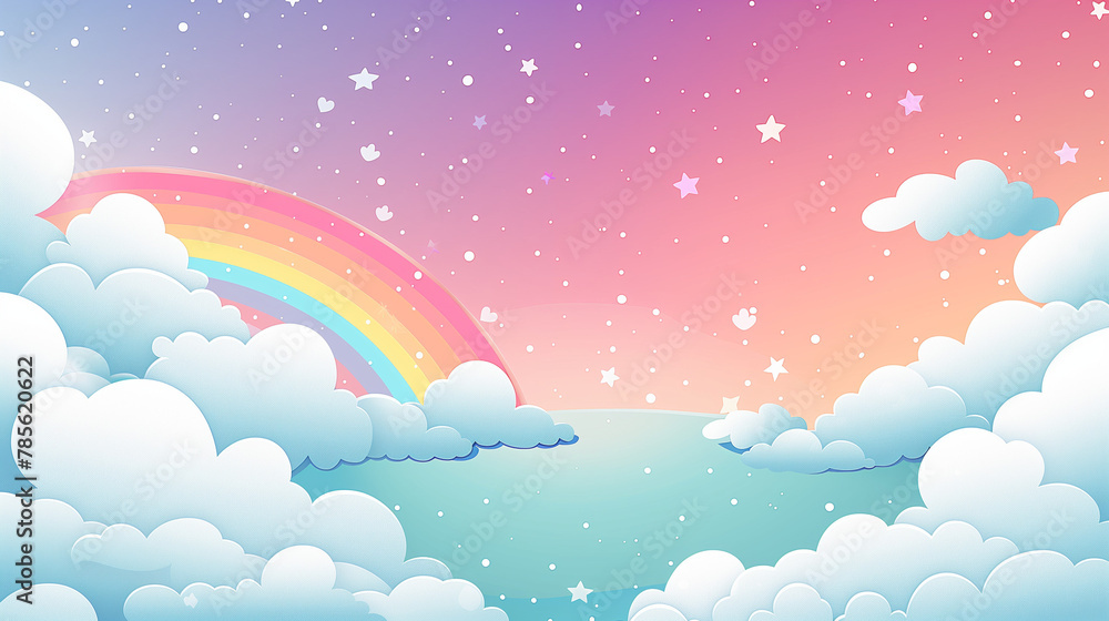 Abstract kawaii colorful sky rainbow, stars and clouds background, soft pastel comic graphic concept. 