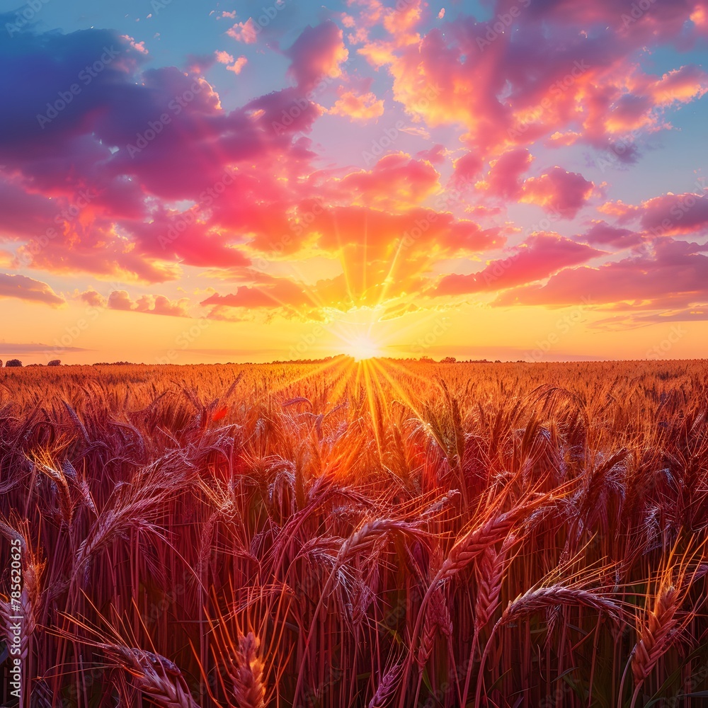 Golden Horizon: Captivating Sunset Over Wheat Fields