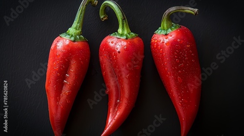   Three red peppers on a black surface  with water drops atop them