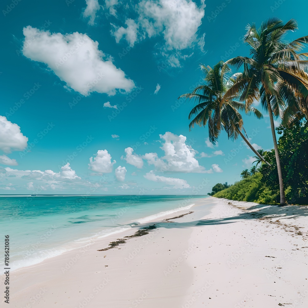 Sunny Beach Paradise - White Sand, Turquoise Ocean, Palm Trees, Blue Sky, Clouds - Summer Tropical Landscape Panoramic View