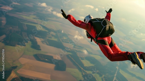 A skydiver descends in a red suit against the backdrop of a sunlit terrain