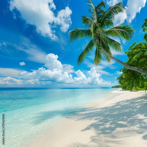 Maldives Paradise - Stunning White Sand Beach with Turquoise Ocean, Blue Sky, Palm Trees, and Sunny Day - Ultra Wide Format