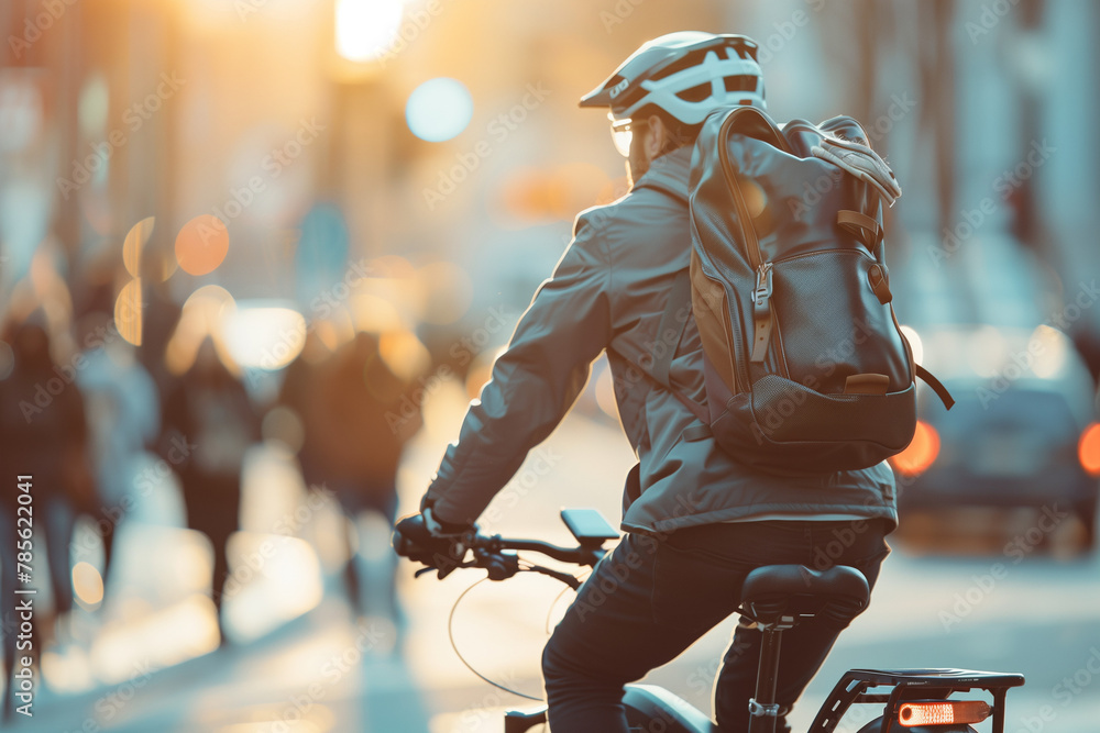 Ein Mann fährt ein elektrisches Fahrrad mit schwarzen und grauen Details zur Arbeit in der Stadt. Trägt einen Helm, einen Rucksack und Business Kleidung. - obrazy, fototapety, plakaty 