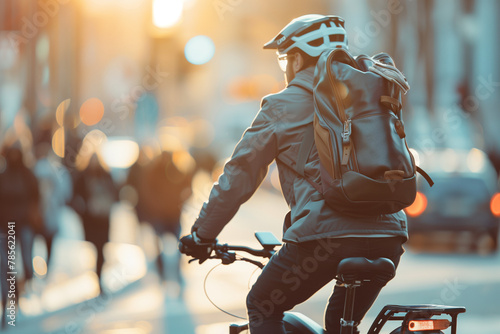 Ein Mann fährt ein elektrisches Fahrrad mit schwarzen und grauen Details zur Arbeit in der Stadt. Trägt einen Helm, einen Rucksack und Business Kleidung. photo