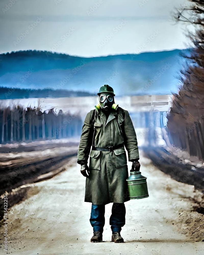 Survivor wearing a gas mask and carrying a canister walks down a desolate road, set against a stark, wintery landscape.
Survivor wearing a gas mask and carrying a canister walks down a desolate road, set against a stark, wintery landscape.