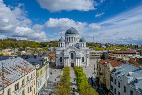 Aerial spring view of Church of St. Michael the Archangel in Kaunas, Laisves Avenue, Lithuania