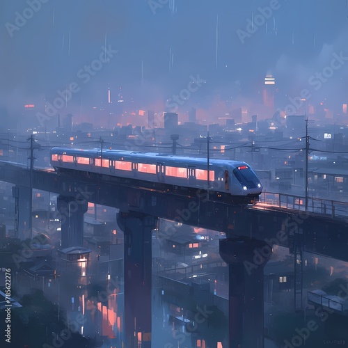 A monorail emerging from fog and rain against a city skyline backdrop.