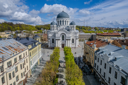 Aerial spring view of Church of St. Michael the Archangel in Kaunas, Laisves Avenue, Lithuania photo