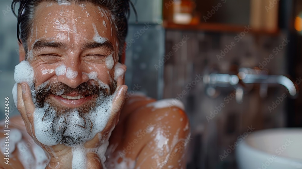 Fototapeta premium Morning Routine: Cheerful Bearded Man Freshening Up Generative AI