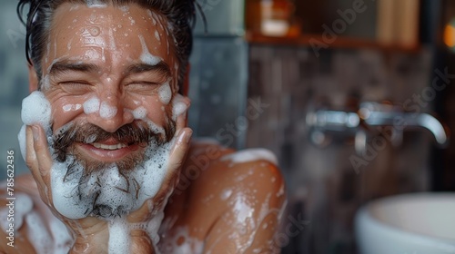Morning Routine: Cheerful Bearded Man Freshening Up Generative AI photo