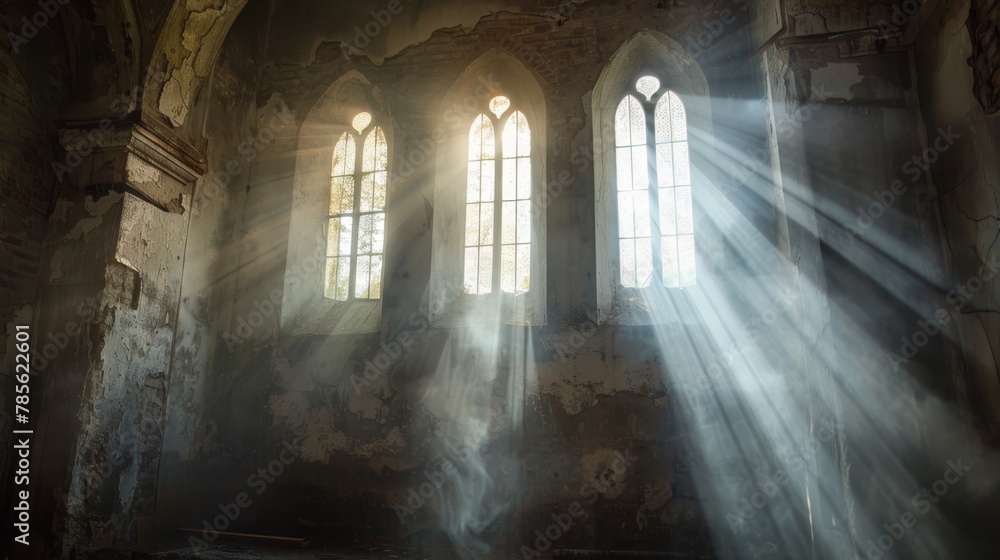 Sunlight Streaming through Windows in Abandoned Church